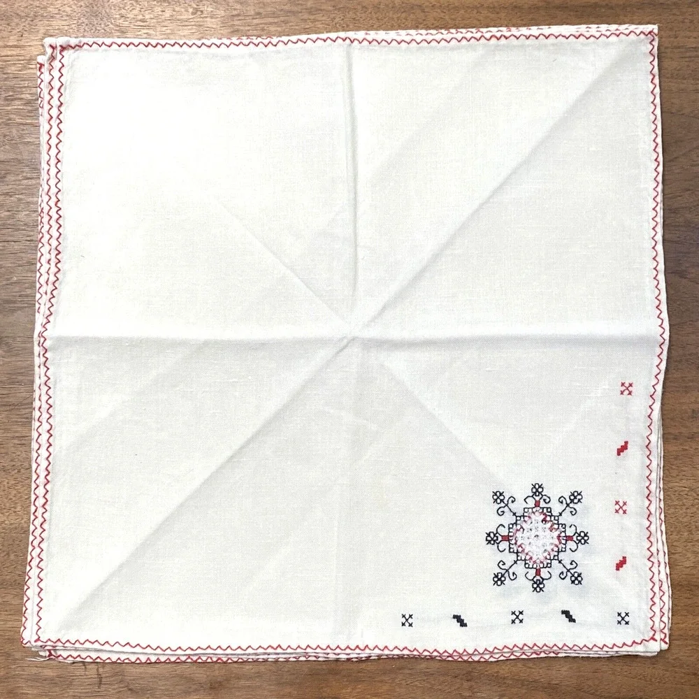 Vintage Set of 8 Cloth Napkins Creamy White Cotton Red Black Embroidery Cutwork
